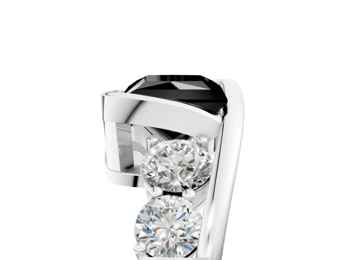 Fancy Black Bezel Set Princess Cut Diamond Bypass Ring with Round Accents Platinum