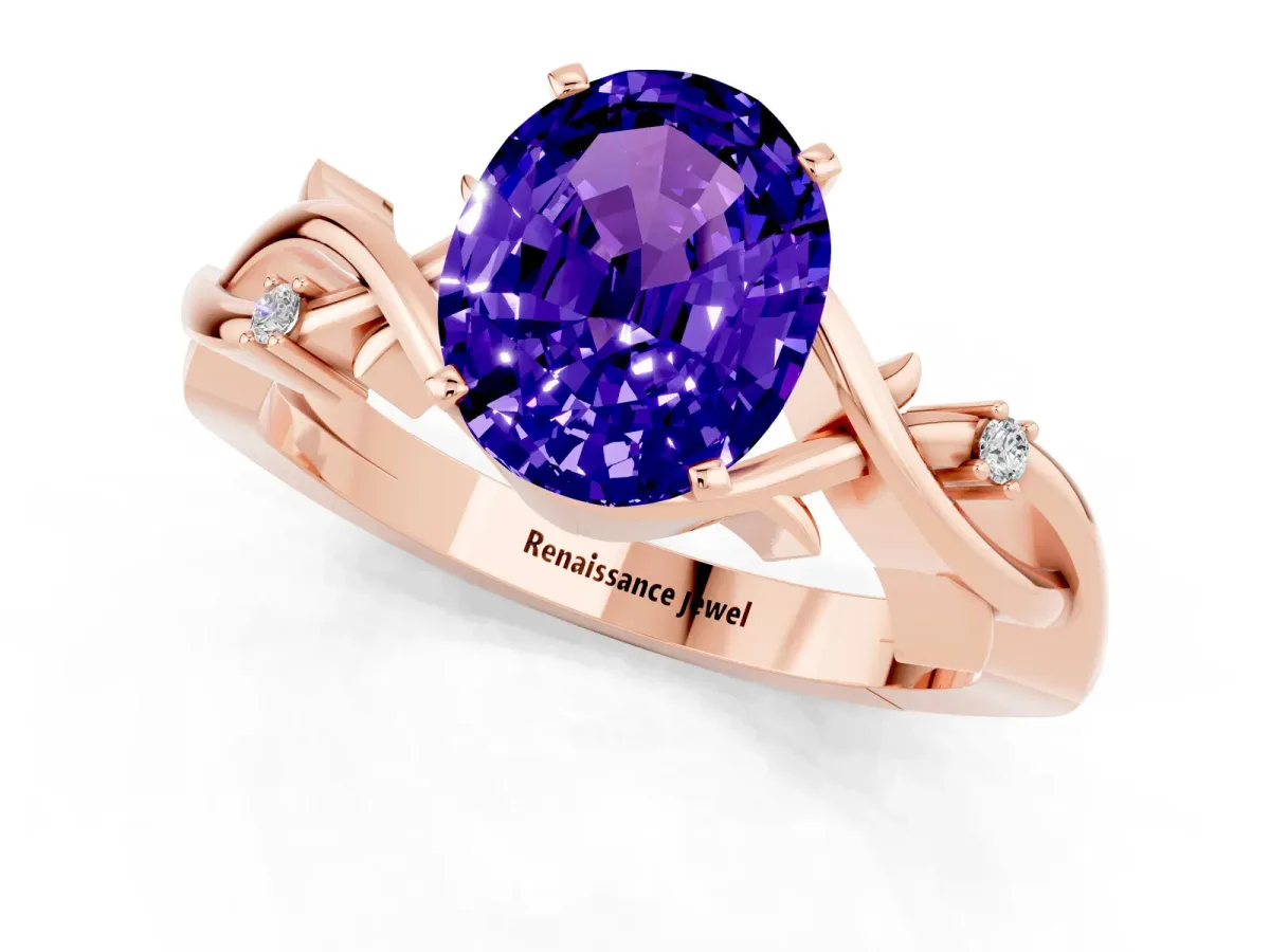 Oval Cut Tanzanite Solitaire Ring with Twisted Band and Prong Setting Rose gold