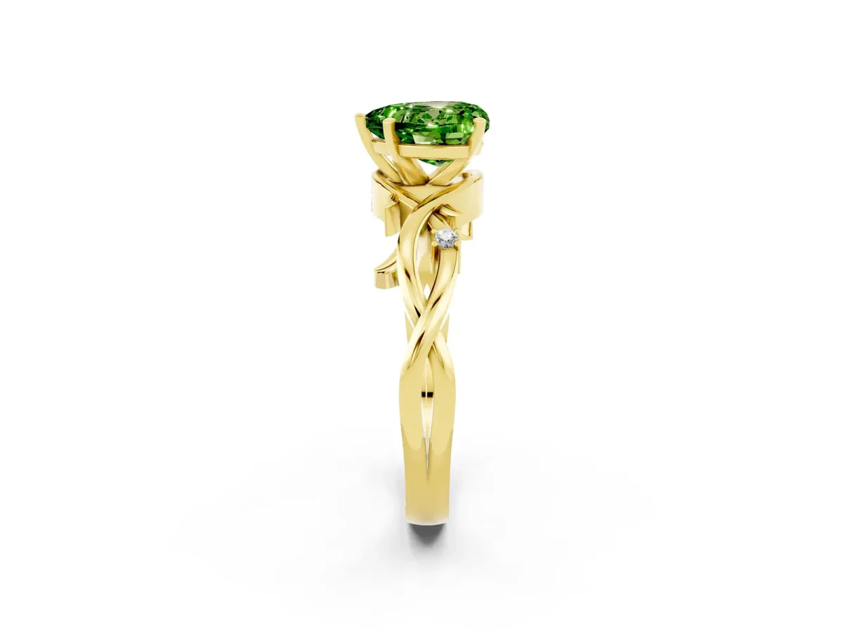Heart Cut Peridot Solitaire Ring with Twisted Band and Prong Setting Yellow gold
