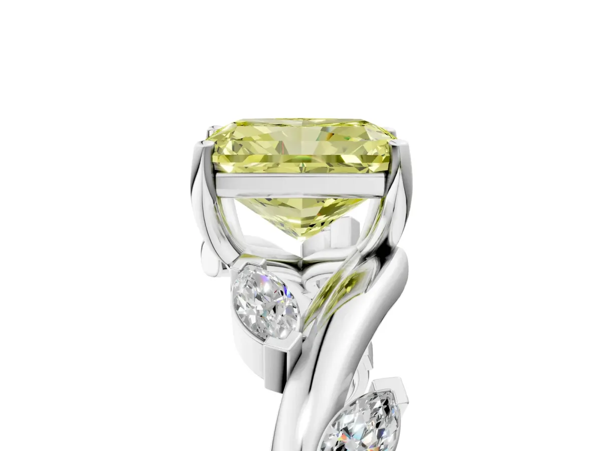 Fancy Yellow Radiant Cut Solitaire Twisted Band Marquise Accent Prong Setting Ring Platinum