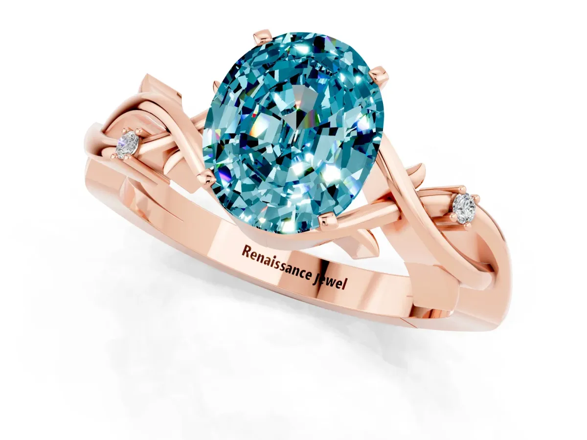 Oval Cut Blue Topaz Solitaire Ring with Twisted Band and Prong Setting Rose gold