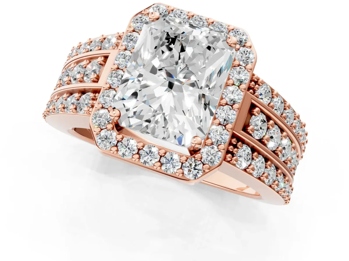 Radiant Cut Halo Diamond Ring with Round Split Shank and Prong Setting Rose gold