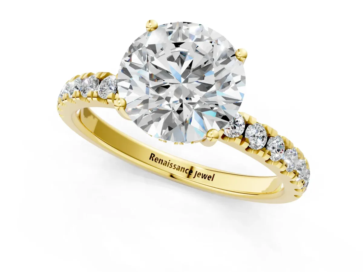Round Cut Diamond Pave Band Solitaire Ring with Round and Prong Setting Yellow gold