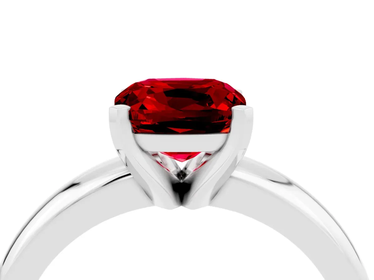 Cushion Cut Ruby Solitaire Engagement Ring with Round Band and Four-Prong Setting Platinum