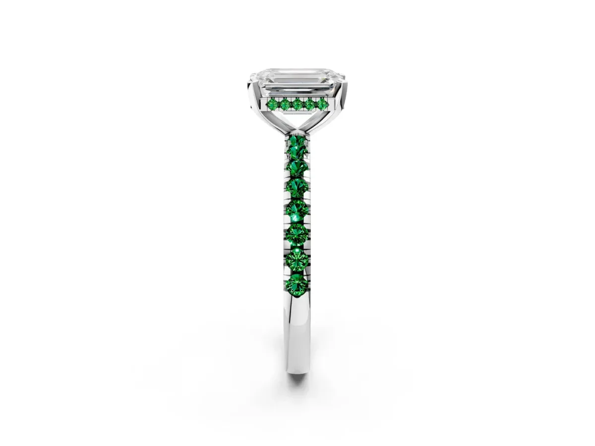 Emerald Cut Diamond Solitaire Ring with Round Emerald Pavé Band and Four-Prong Setting Silver