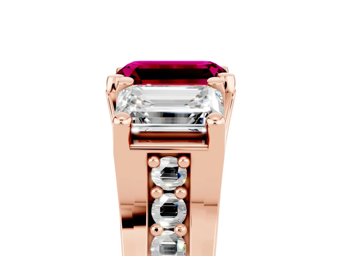 Emerald Cut Garnet Three-Stone Ring with Channel Set Band and Four-Prong Setting Rose gold