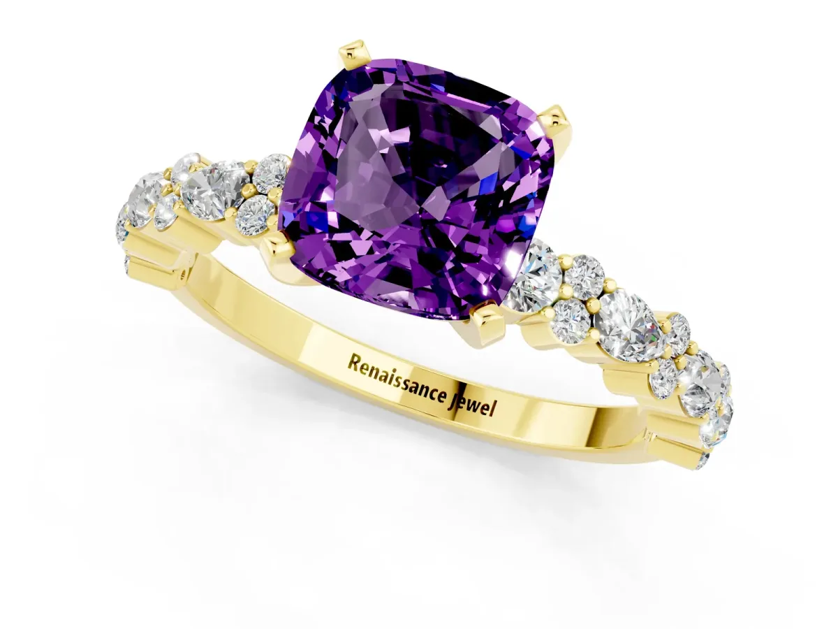 Cushion Cut Amethyst Side Stone Solitaire Ring with Round and Four-Prong Setting Yellow gold