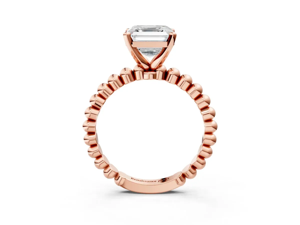 Asscher Cut Diamond Solitaire Ring with Beaded Band and Prong Setting Rose gold