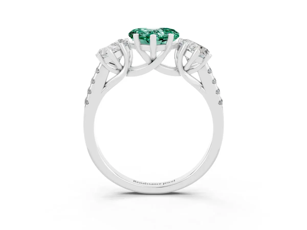 Three-Stone Heart Cut Green Sapphire Ring with Round Pavé Band and Prong Setting Silver