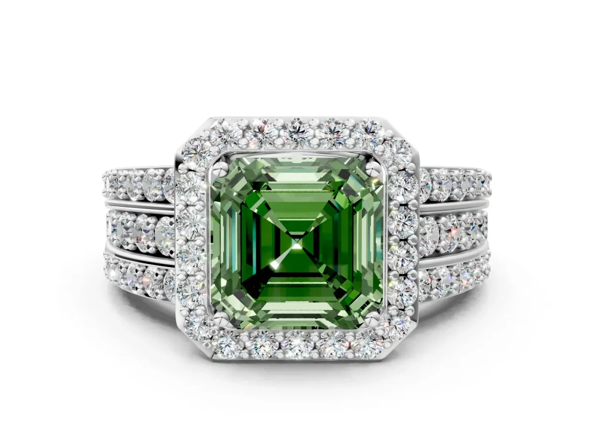 Fancy Green Asscher Cut Halo Diamond Ring with Round Split Shank and Prong Setting Platinum