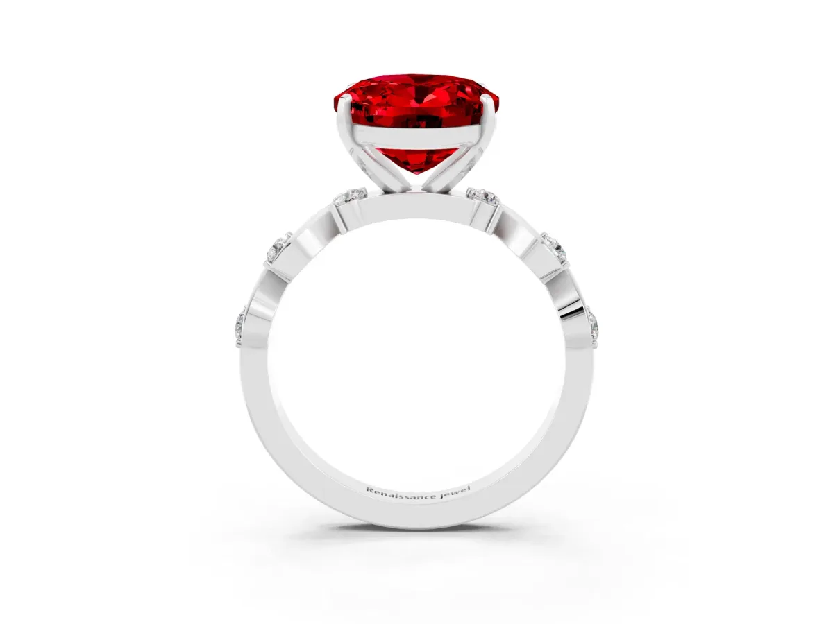 Oval Cut Ruby Solitaire Twisted Band with Round Accents and Prong Setting Silver