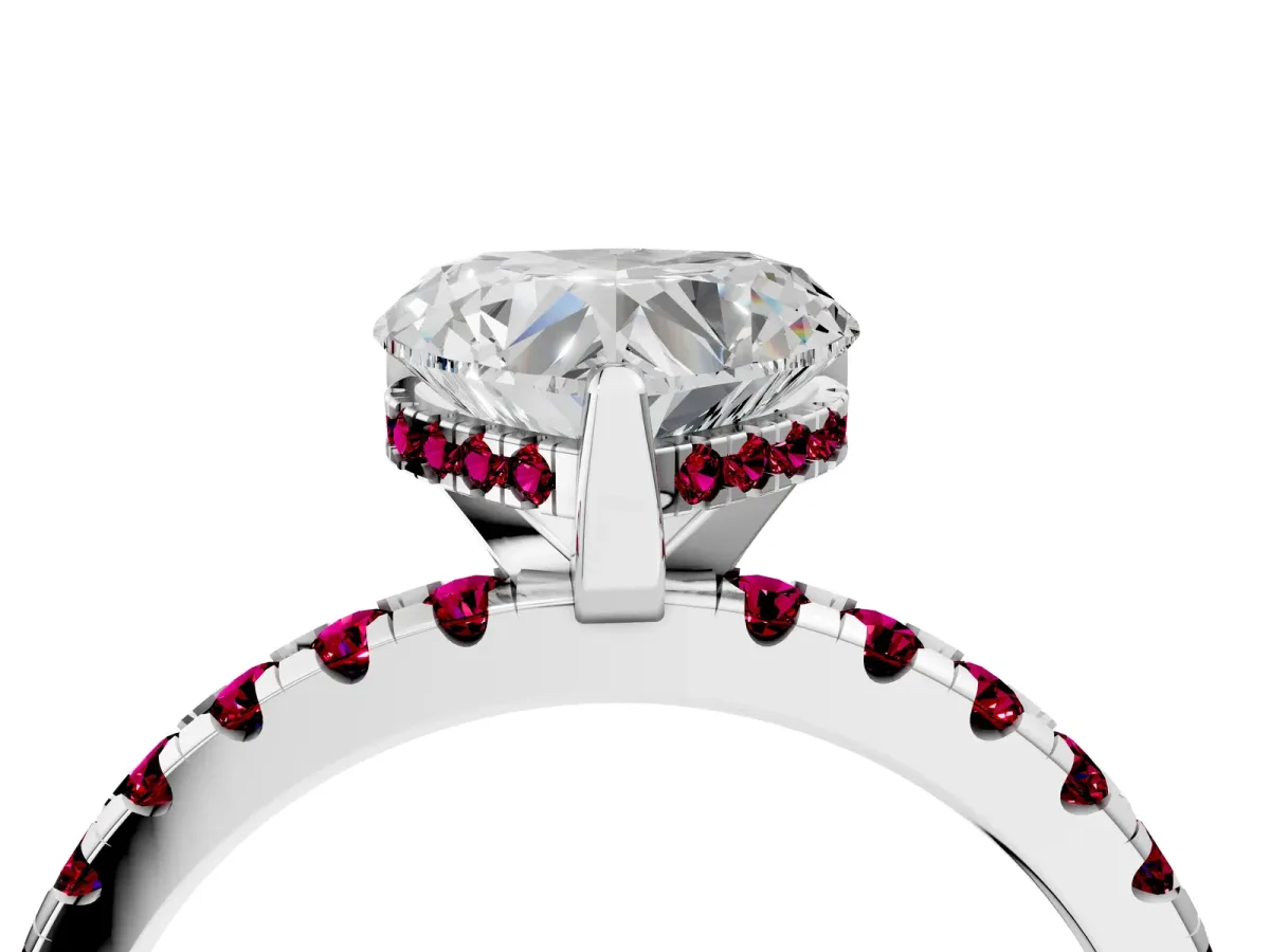 Heart Cut Diamond Solitaire Ring with Round Garnet Pavé Band and Four-Prong Setting Silver