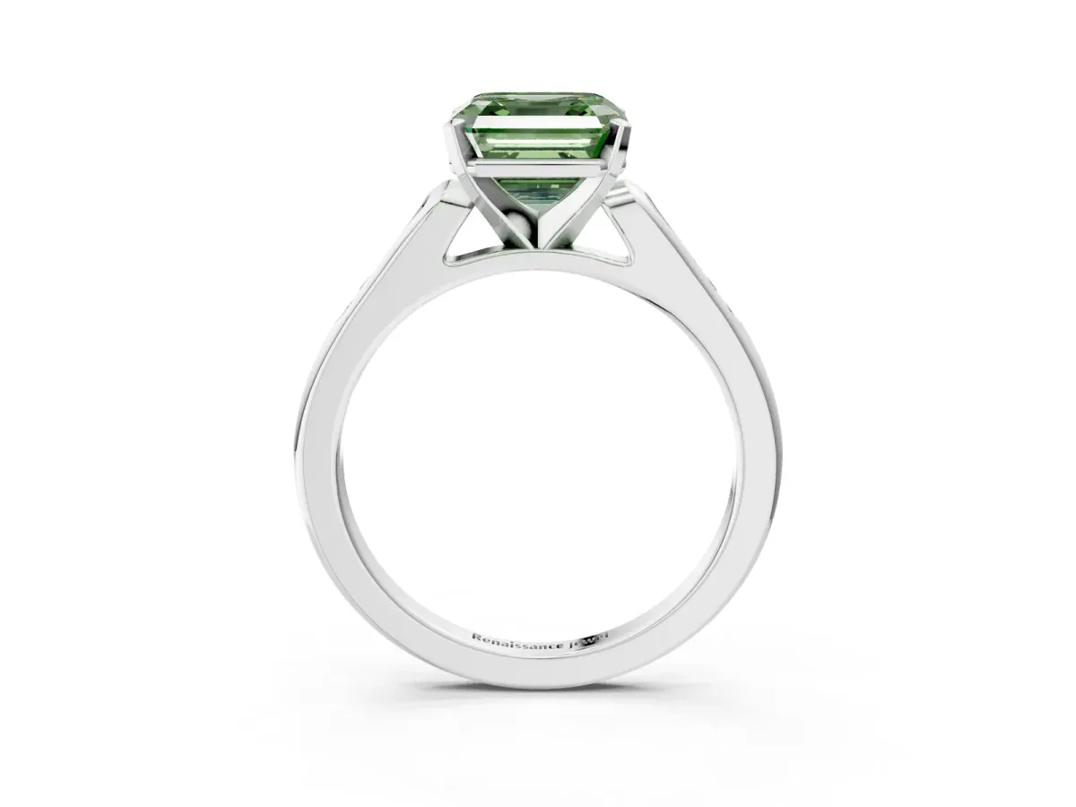 Fancy Green Asscher Cut Diamond Solitaire Ring with Channel Set Round Band and Prong Setting Silver