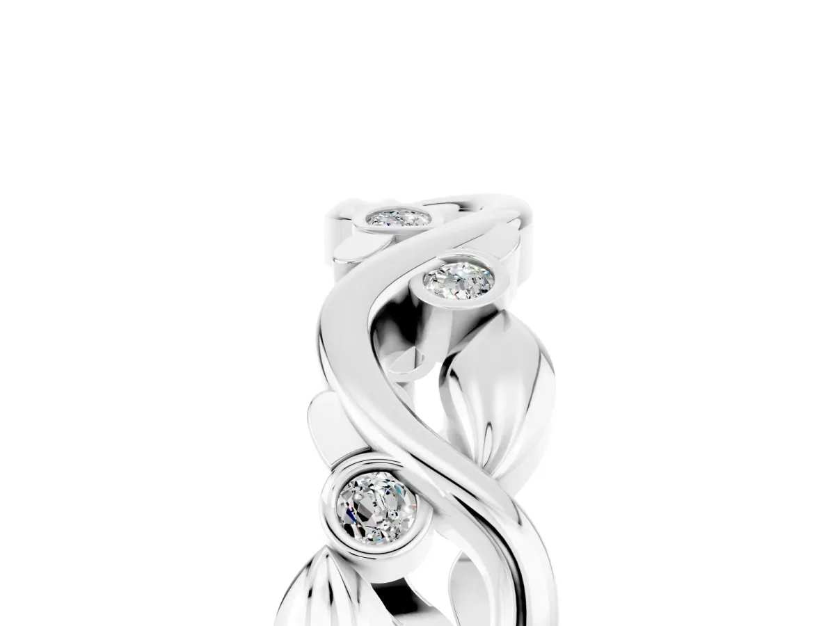 Round Moissanite Leaf Eternity Band with Bezel Setting White gold