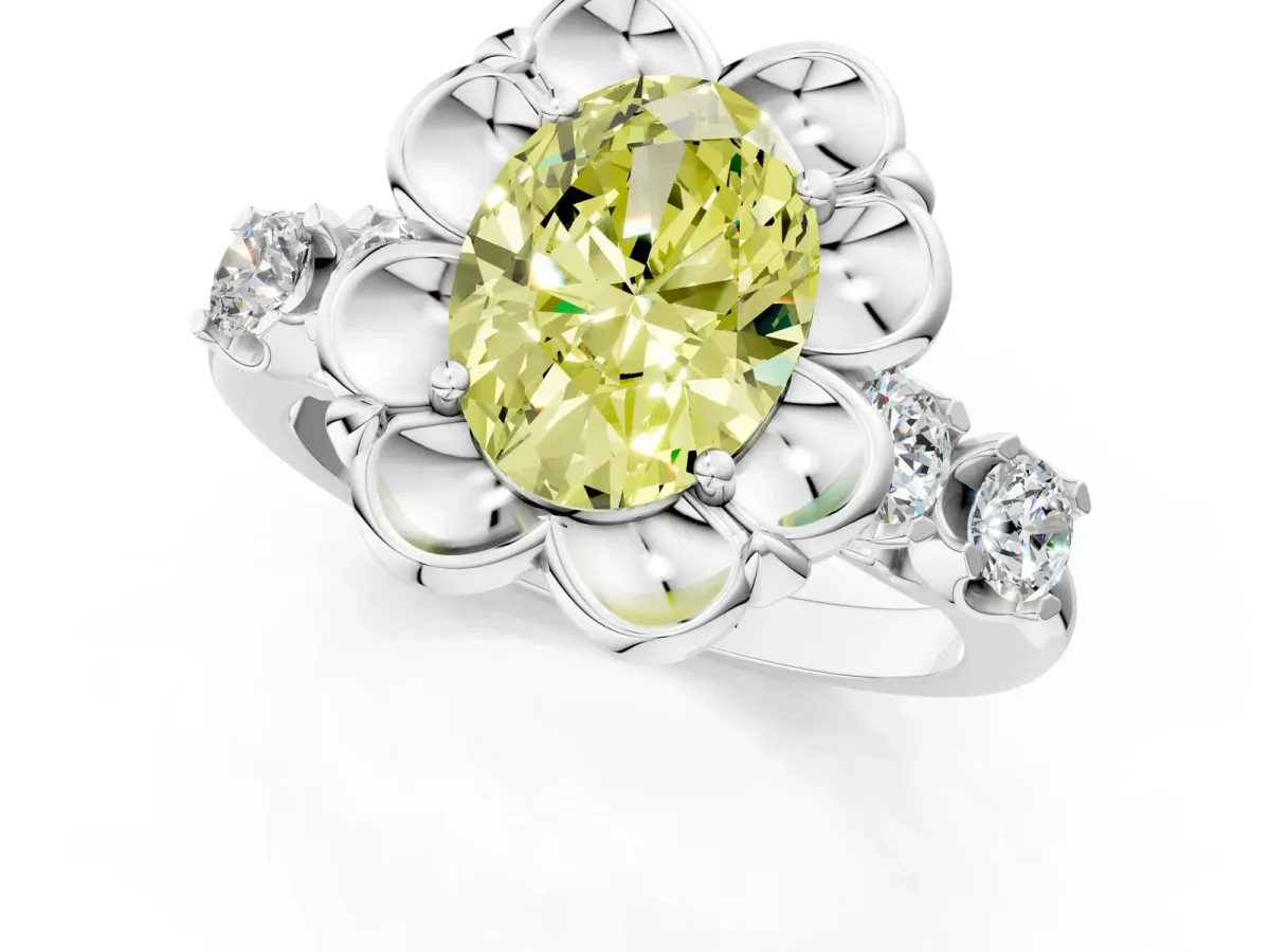 Fancy Yellow Oval Cut Cut Diamond Floral Halo Engagement Ring with Shared Prong Setting Silver