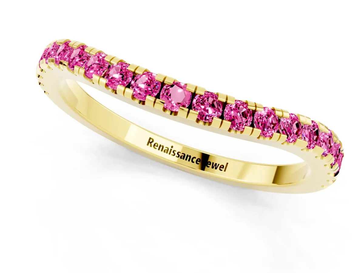 Round Pink Sapphire Pavé Half Eternity Band with Shared Prong Setting Yellow gold