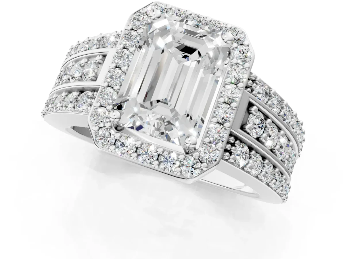 Emerald Cut Halo Diamond Ring with Round Moissanite Split Shank and Prong Setting Platinum