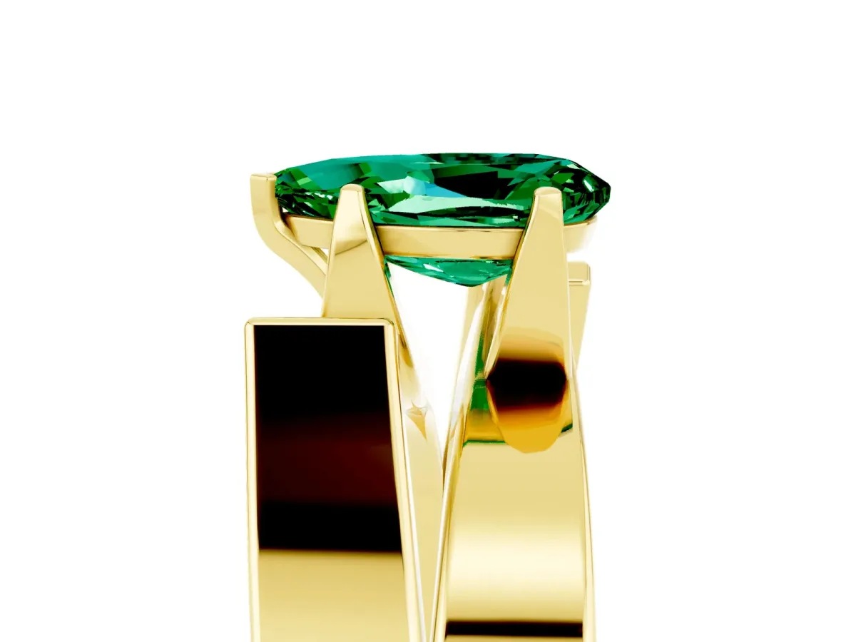 Modern Tension Set Pear Cut Emerald Solitaire Wide Band Ring Yellow gold