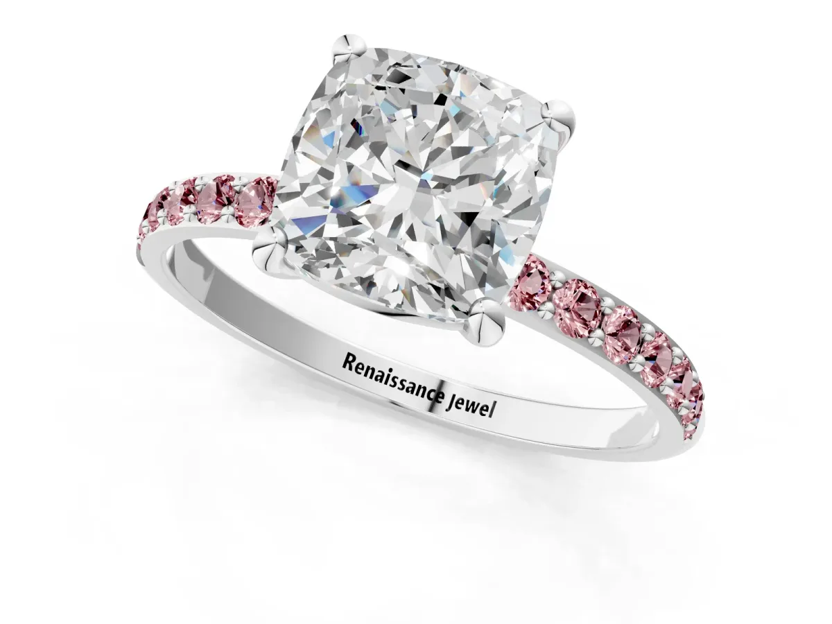Cushion Cut Diamond Solitaire Ring with Round Morganite Pavé Band and Prong Setting Silver