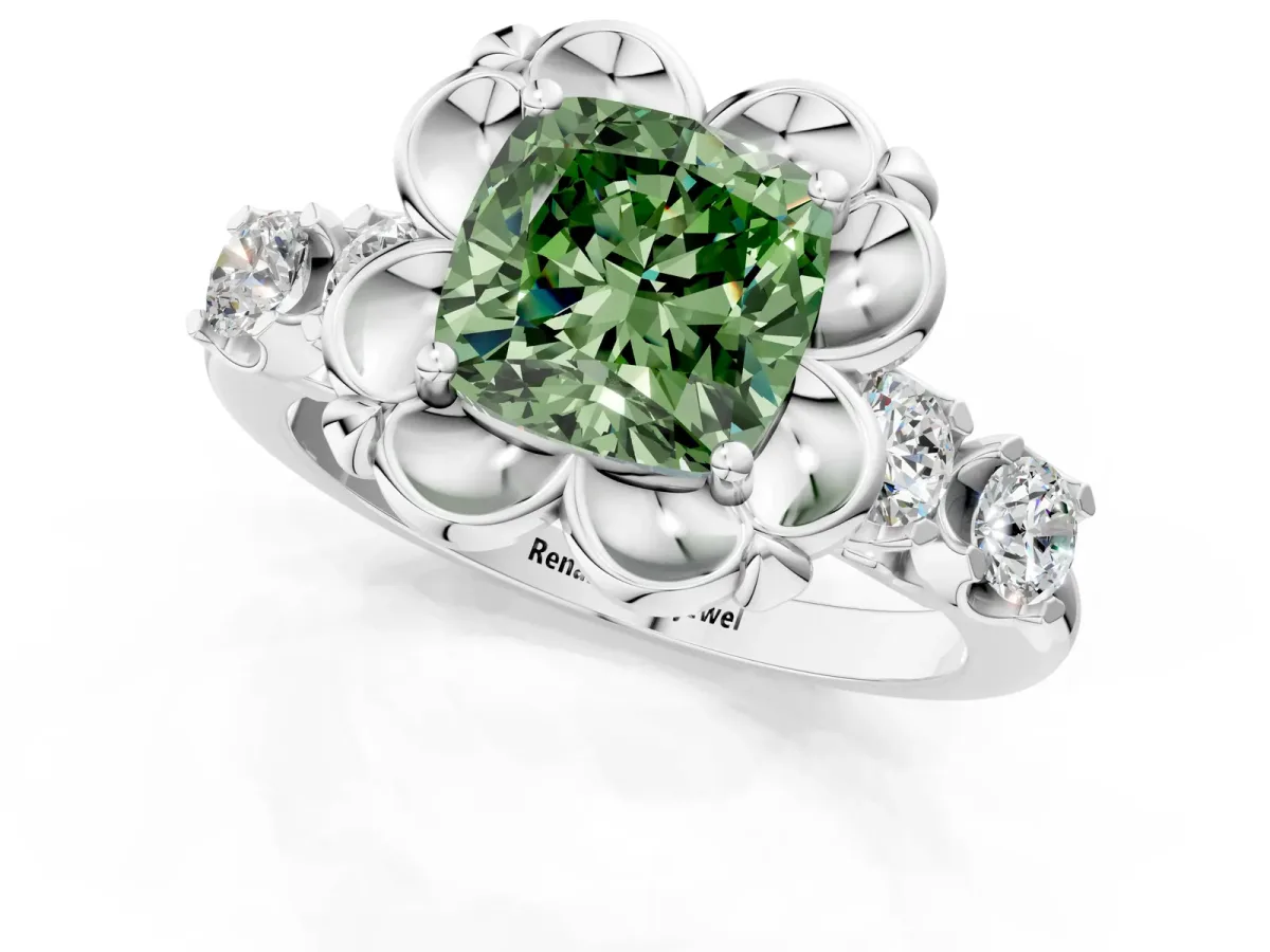 Fancy Green Cushion Cut Cut Diamond Floral Halo Engagement Ring with Shared Prong Setting Silver