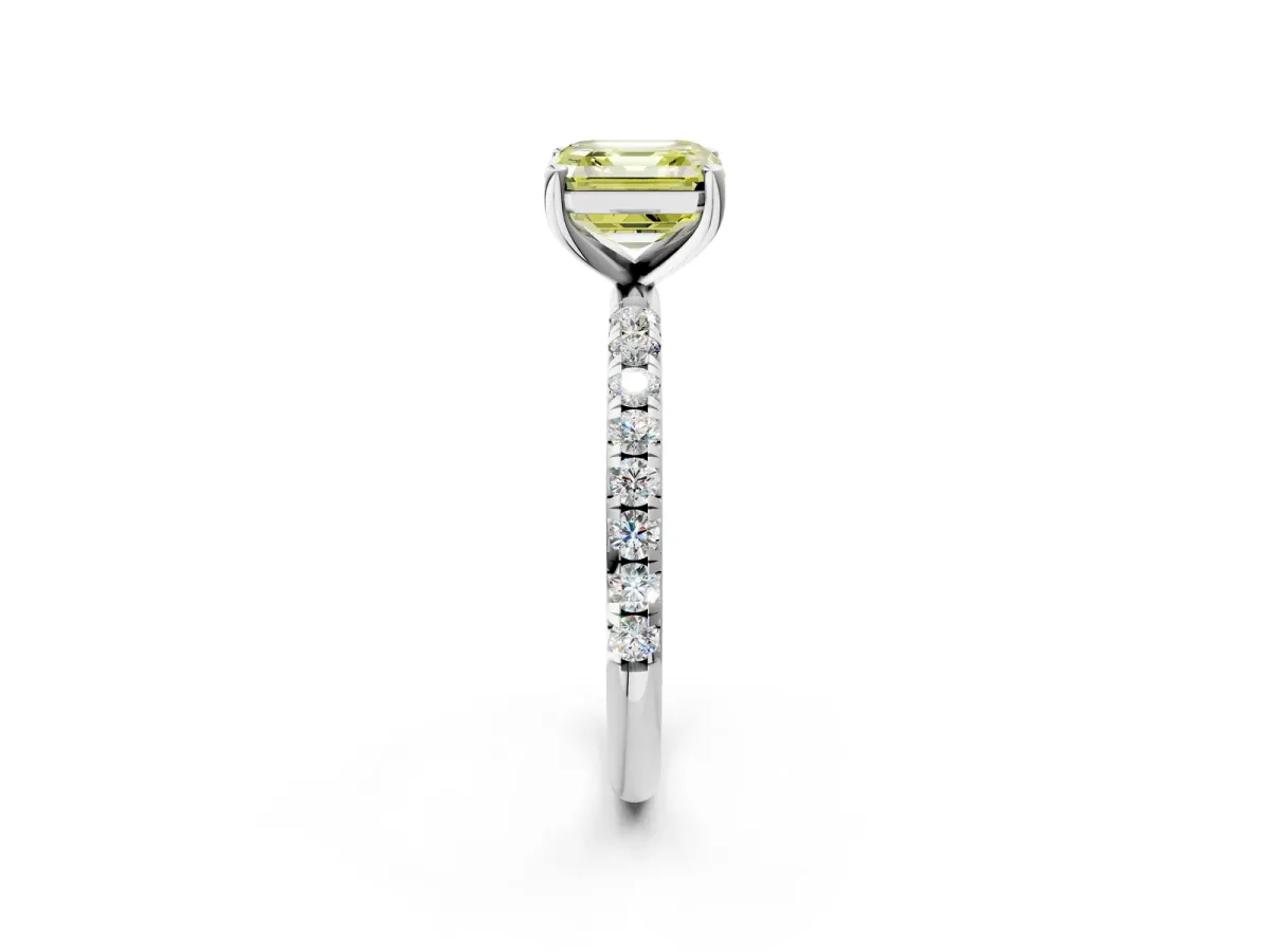 Fancy Yellow Asscher Cut Cut Diamond Solitaire Ring with Micro Pave Band and Four Prong Setting Platinum