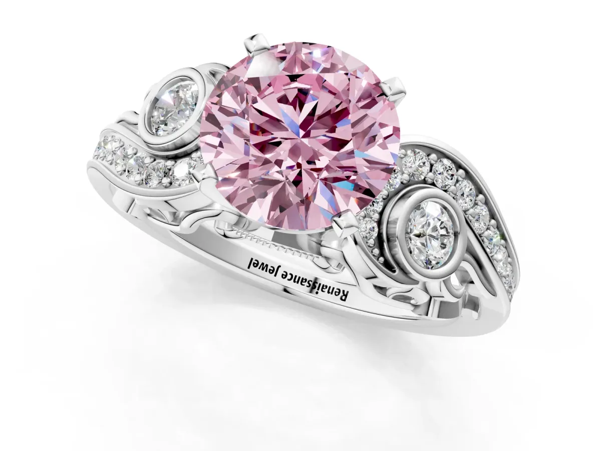 Fancy Pink Round Cut Diamond Solitaire Ring with Milgrain Pavé Band and Four-Prong Setting Silver