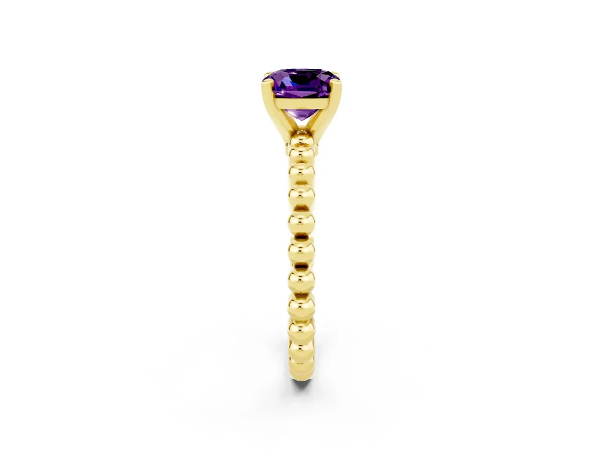 Cushion Cut Amethyst Solitaire Ring with Beaded Band and Prong Setting Yellow gold