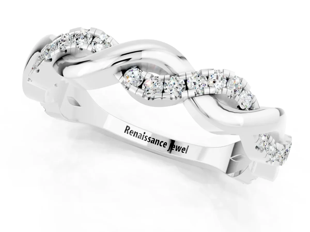 Pavé Round Moissanite Twist Eternity Band with Shared Prong Setting Platinum