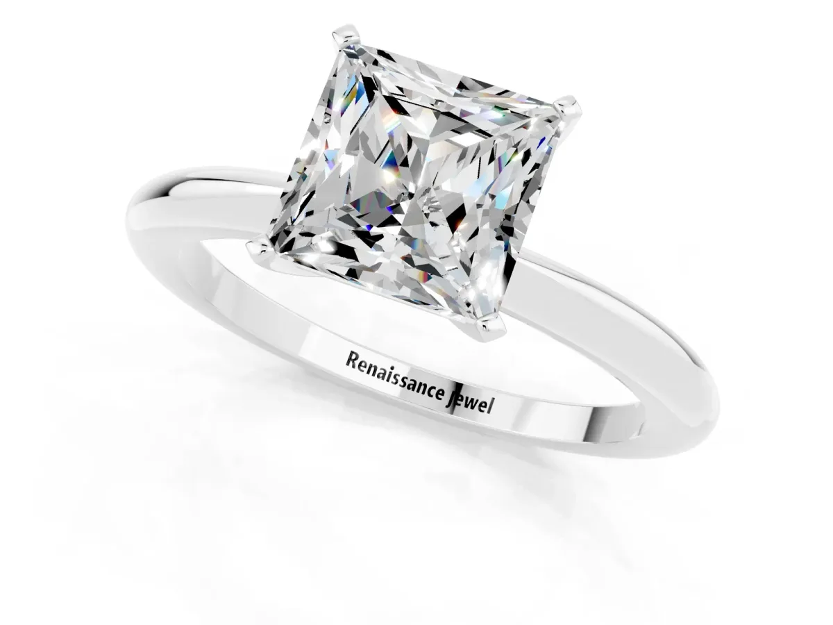 Princess Cut Moissanite Solitaire Ring with Six-Prong Setting and Classic Band Silver
