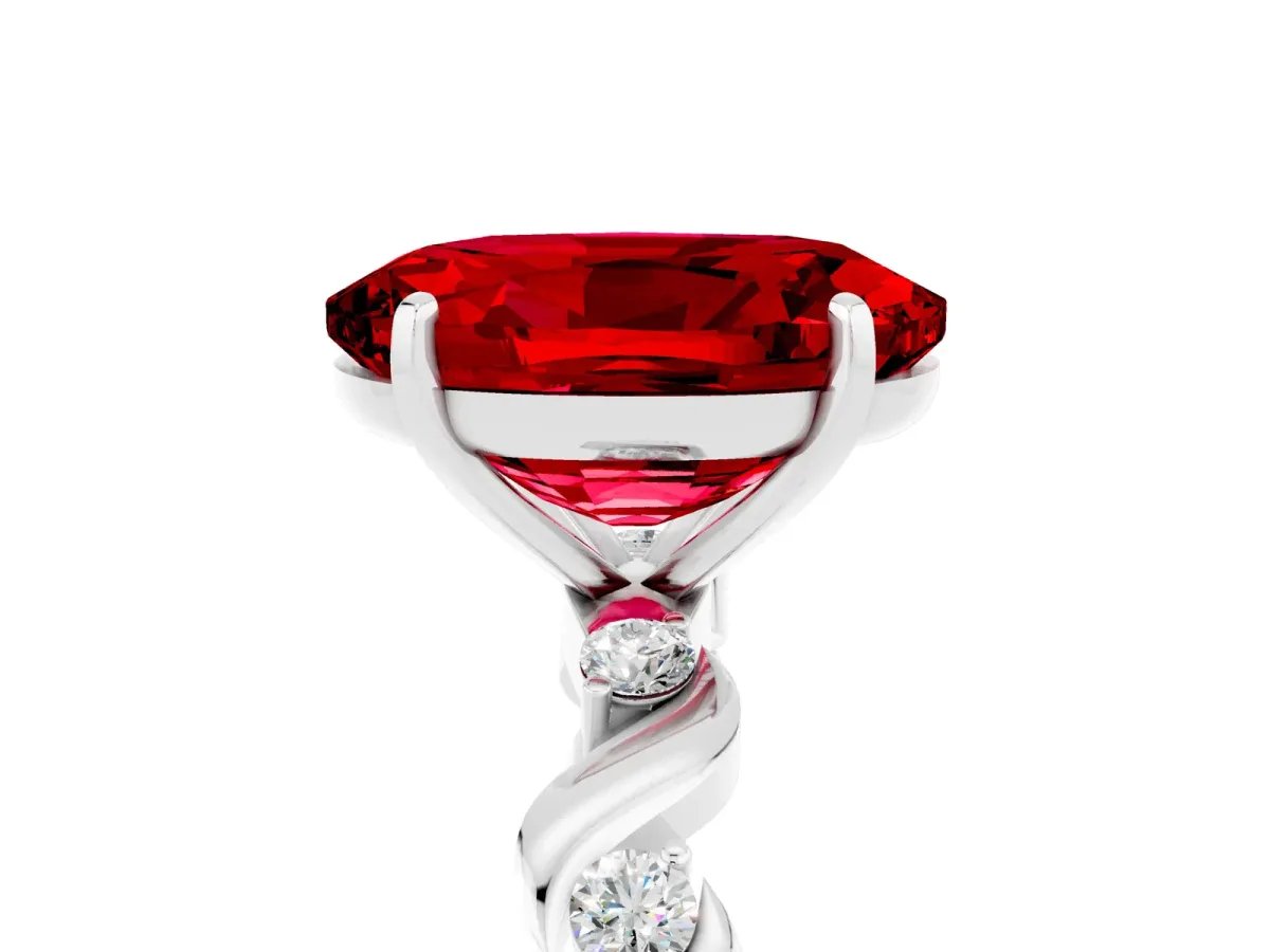 Oval Cut Ruby Solitaire Twisted Band with Round Accents and Prong Setting Silver