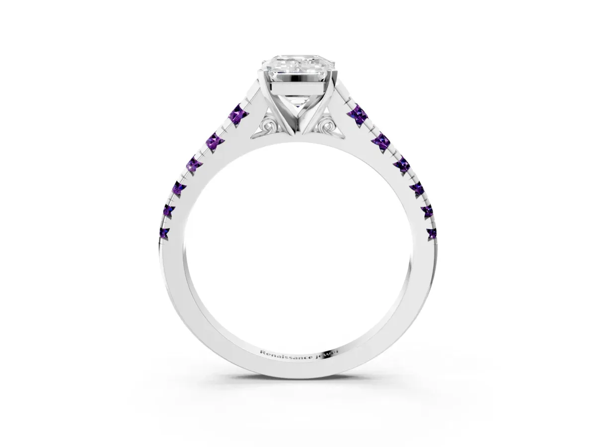 Emerald Cut Diamond Cathedral Solitaire Ring with Round Amethyst Pavé Band Platinum