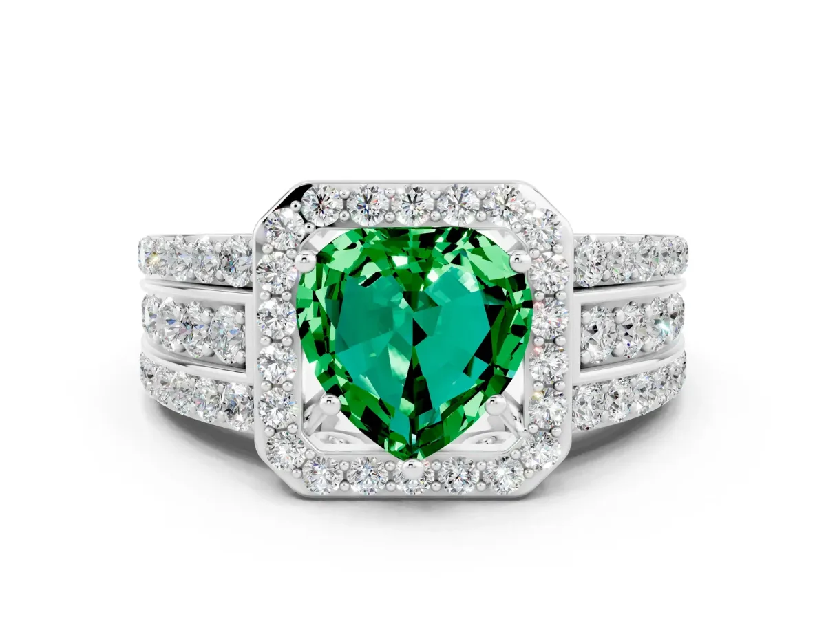 Heart Cut Halo Emerald Ring with Round Split Shank and Prong Setting Platinum
