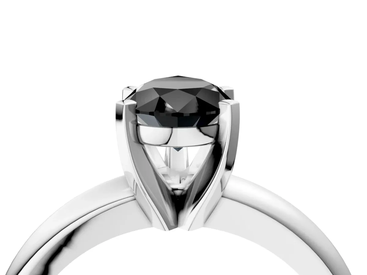 Fancy Black Pear Cut Diamond Solitaire Engagement Ring with Round Band and Four-Prong Setting Silver