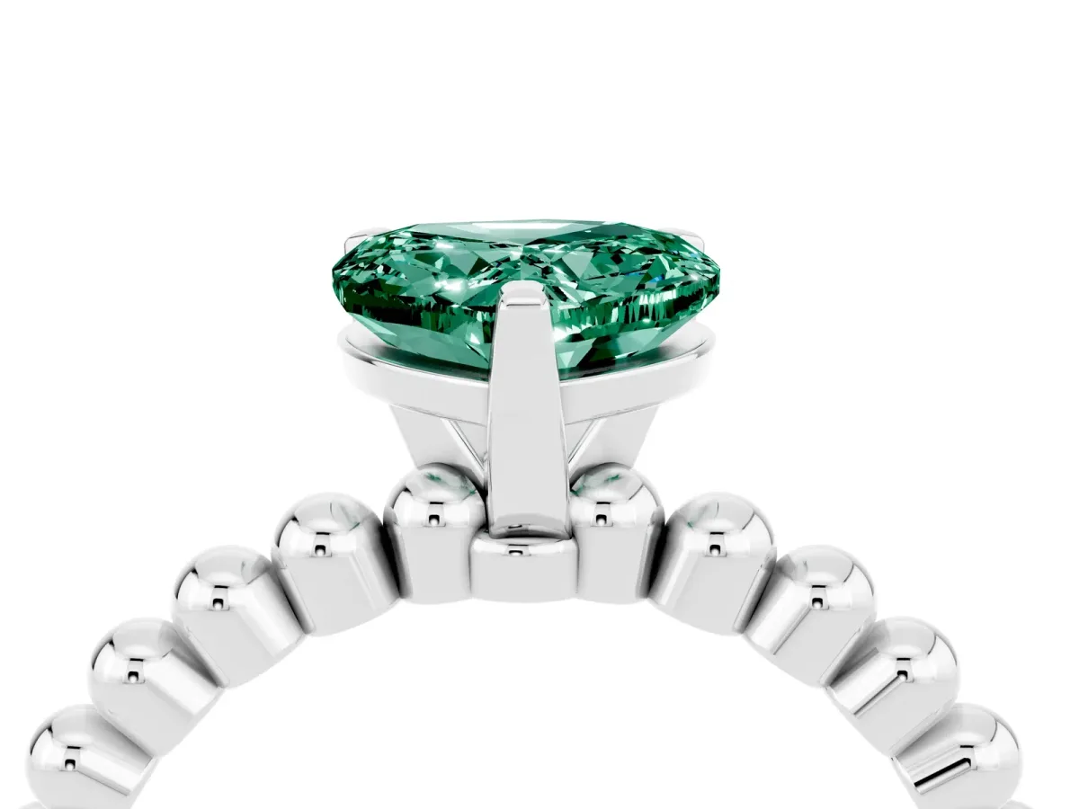 Heart Cut Green Sapphire Solitaire Ring with Beaded Band and Prong Setting Silver