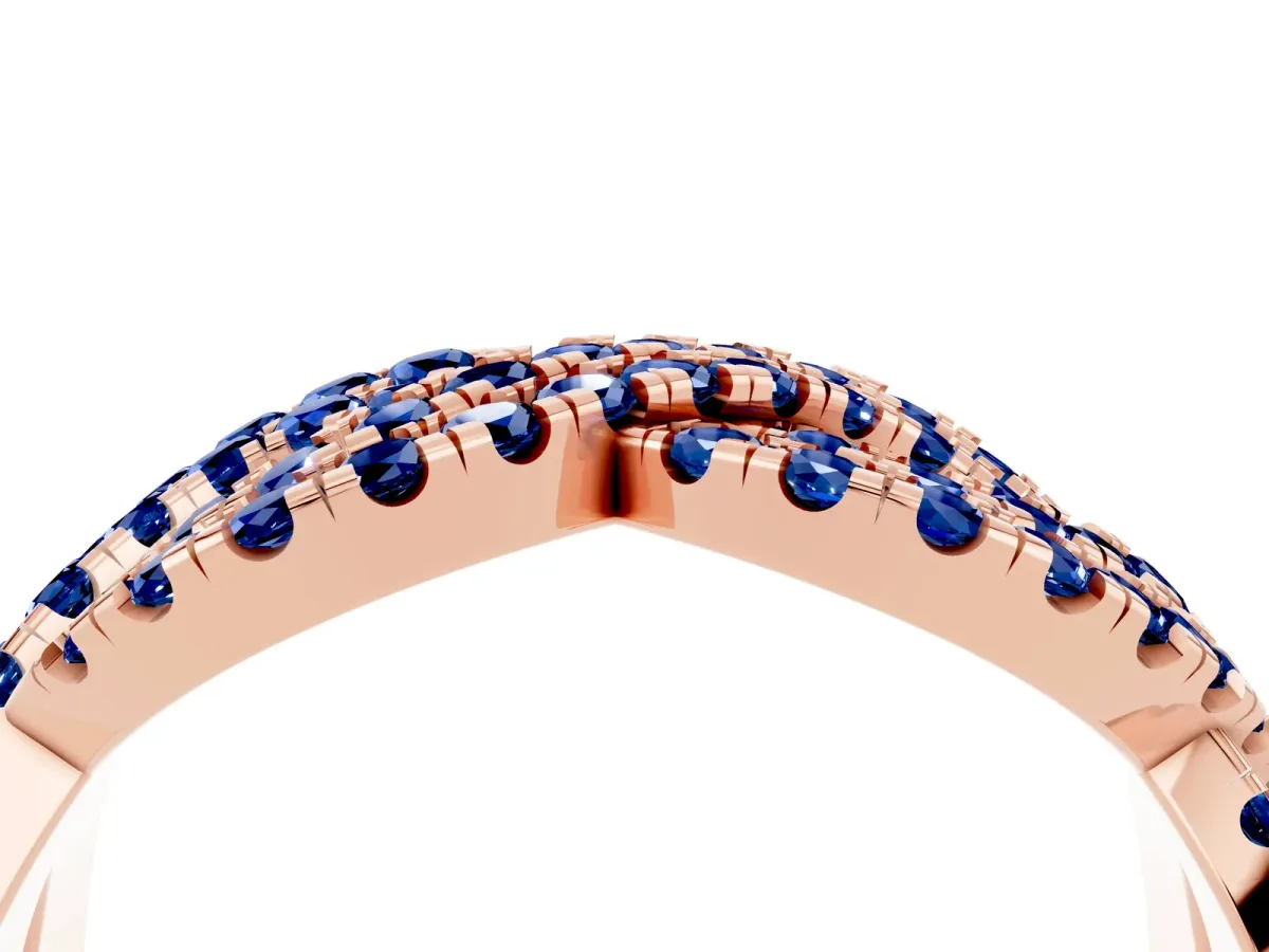 Pavé Round Blue Sapphire Infinity Twist Band with Shared Prong Setting Rose gold