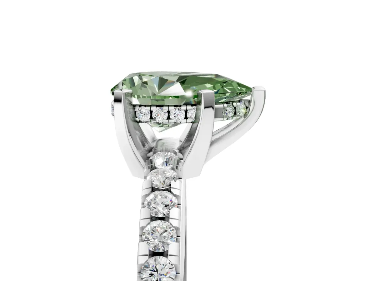 Fancy Green Pear Cut Diamond Solitaire Ring with Round Pavé Band and Four-Prong Setting Silver