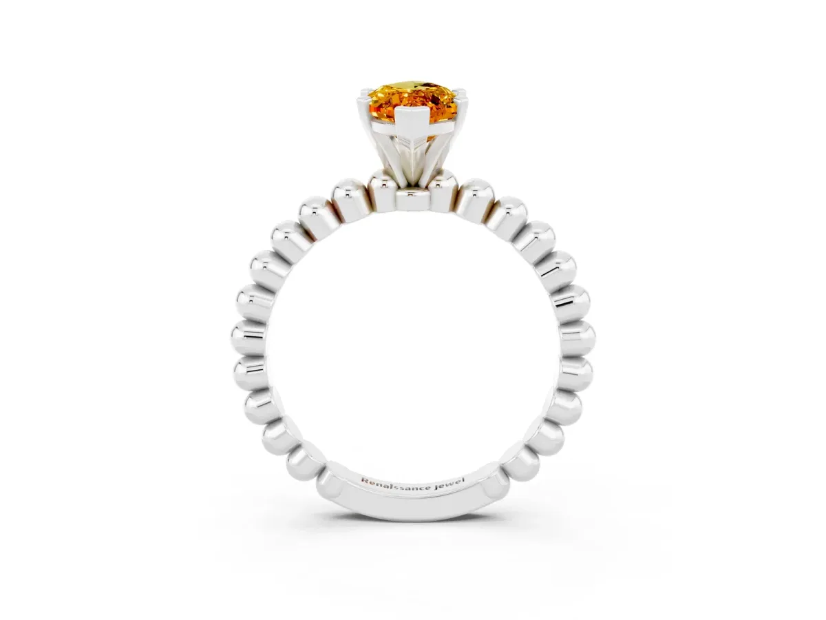 Marquise Cut Citrine Solitaire Ring with Beaded Band and Prong Setting Platinum