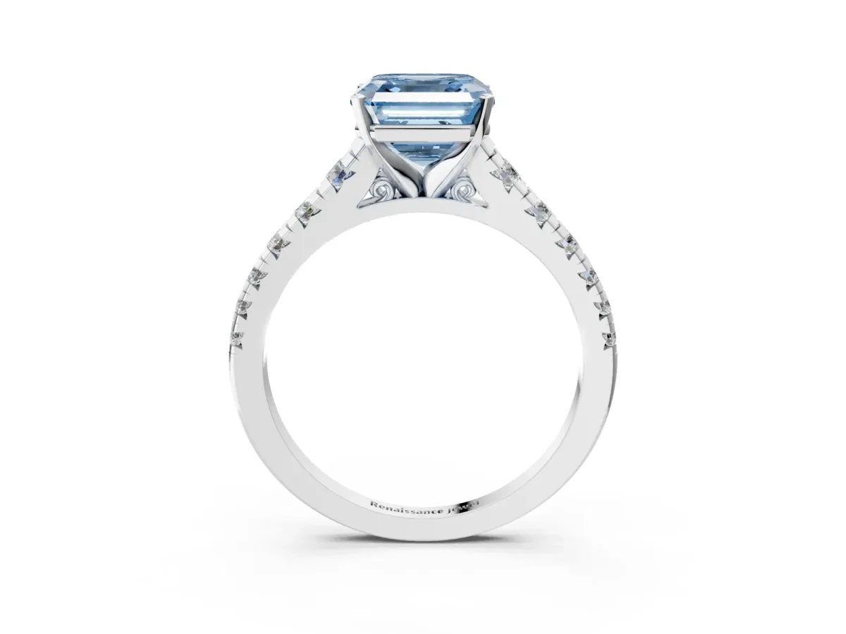 Fancy Blue Asscher Cut Diamond Cathedral Solitaire Ring with Round Pavé Band Silver