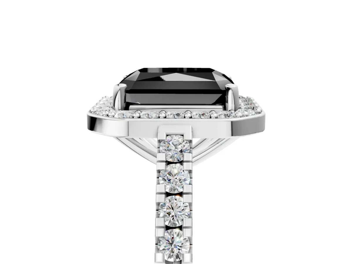 Fancy Black Radiant Cut Diamond Halo Ring with Round Pavé Split Shank and Prong Setting Platinum