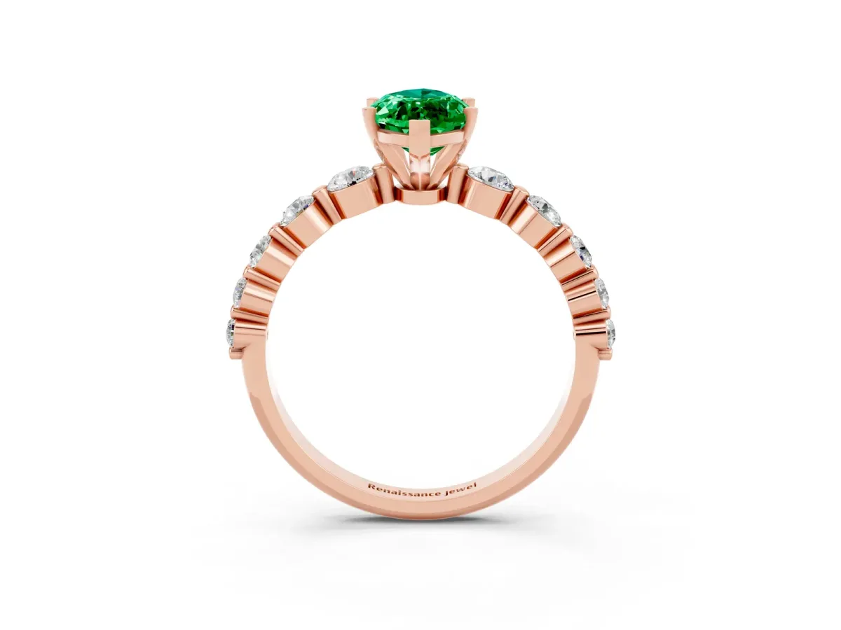 Marquise Cut Solitaire Emerald Ring with Pave Band and Four-Prong Setting Rose gold