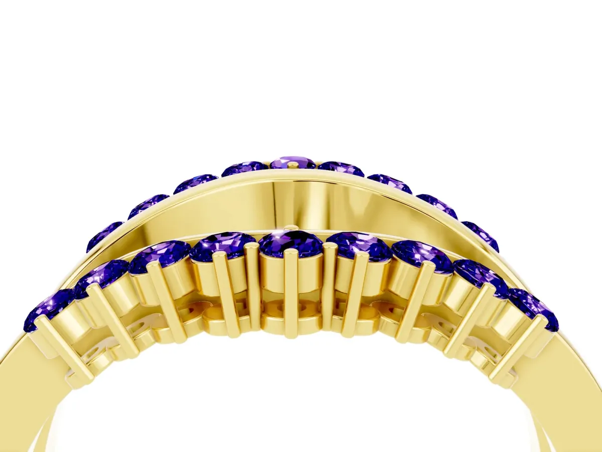 Round Tanzanite Chevron Contour Band with Prong Setting Yellow gold
