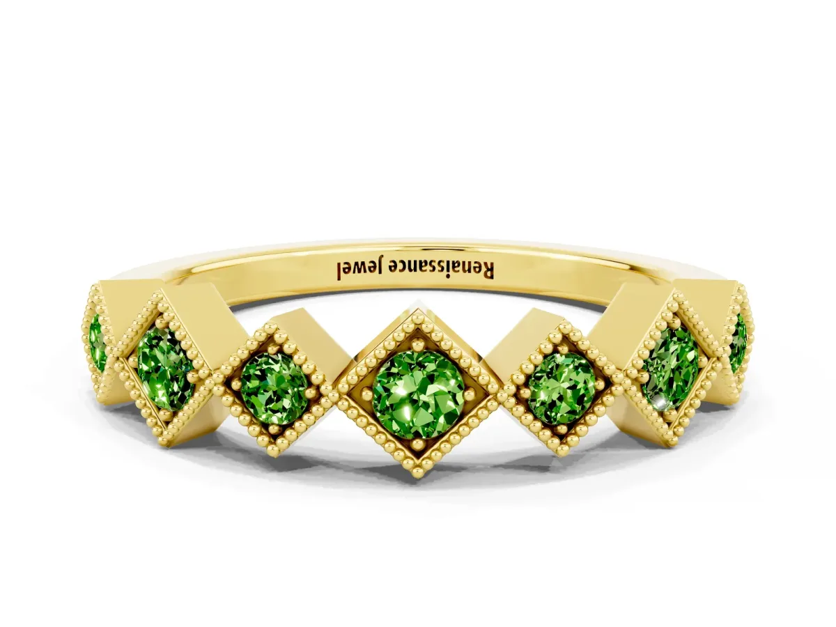 Milgrain Square Bezel Round Peridot Chevron Band Yellow gold