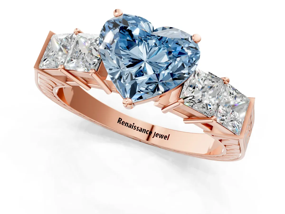 Fancy Blue Heart Cut Solitaire Princess Side Stone Engraved Band Prong Setting Ring Rose gold