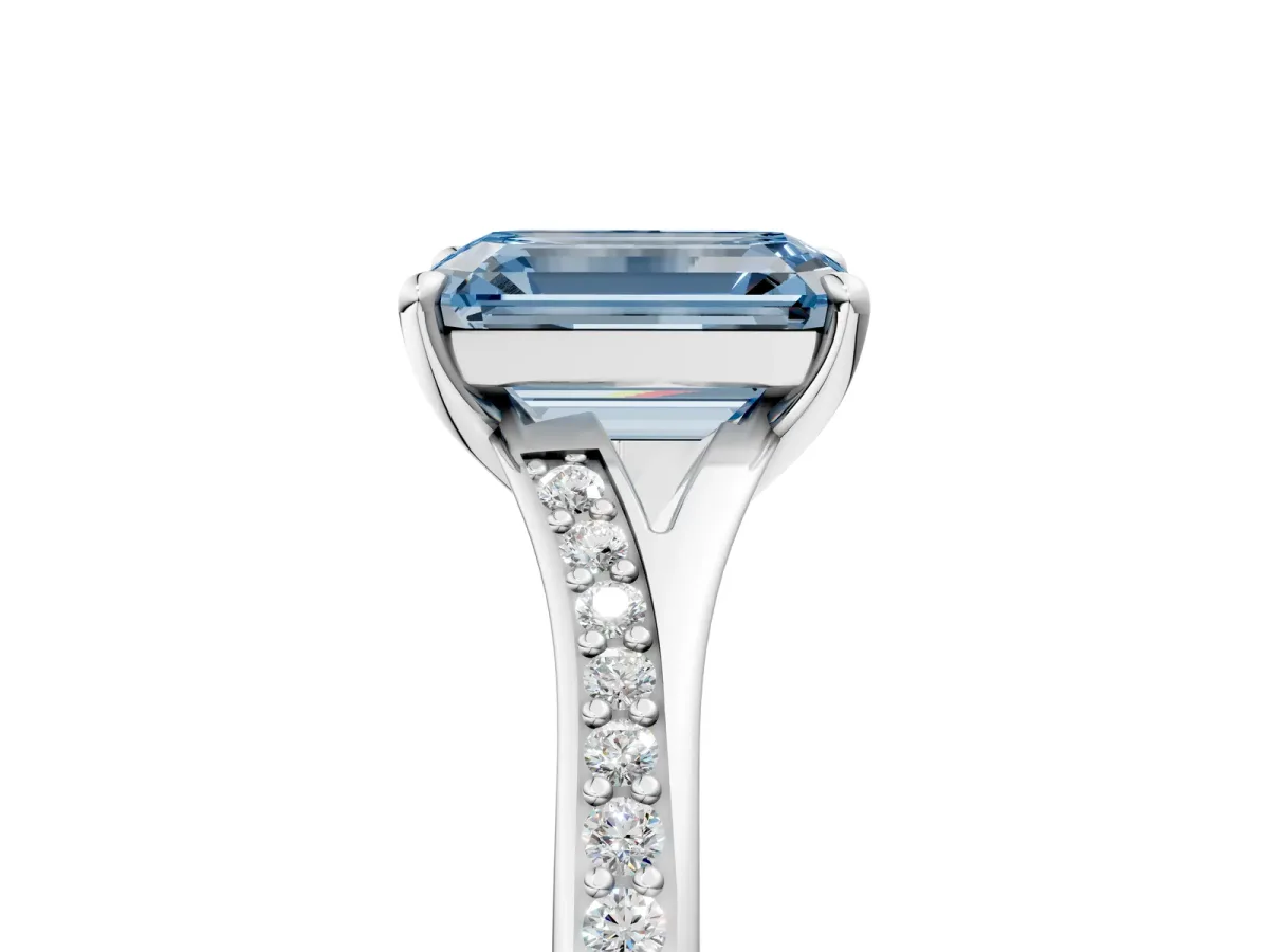 Fancy Blue Emerald Cut Diamond Solitaire Ring with Pavé Band and Prong Setting Silver