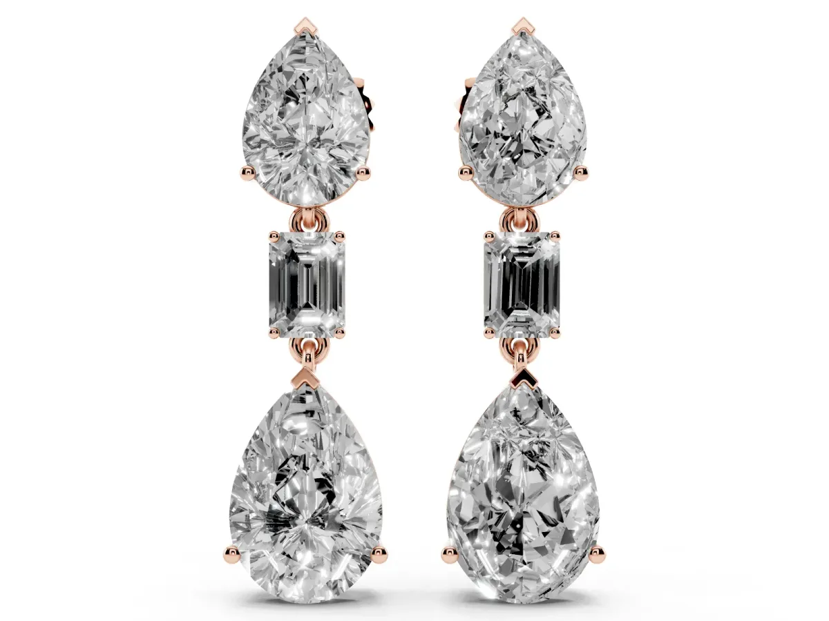 Pear Diamond Drop Earrings with Emerald and Pear Lab Grown Diamond Accents Rose gold