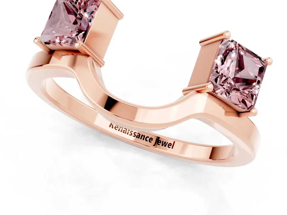 Princess Cut Morganite Two-Stone Open Band Ring with Four-Prong Setting Rose gold