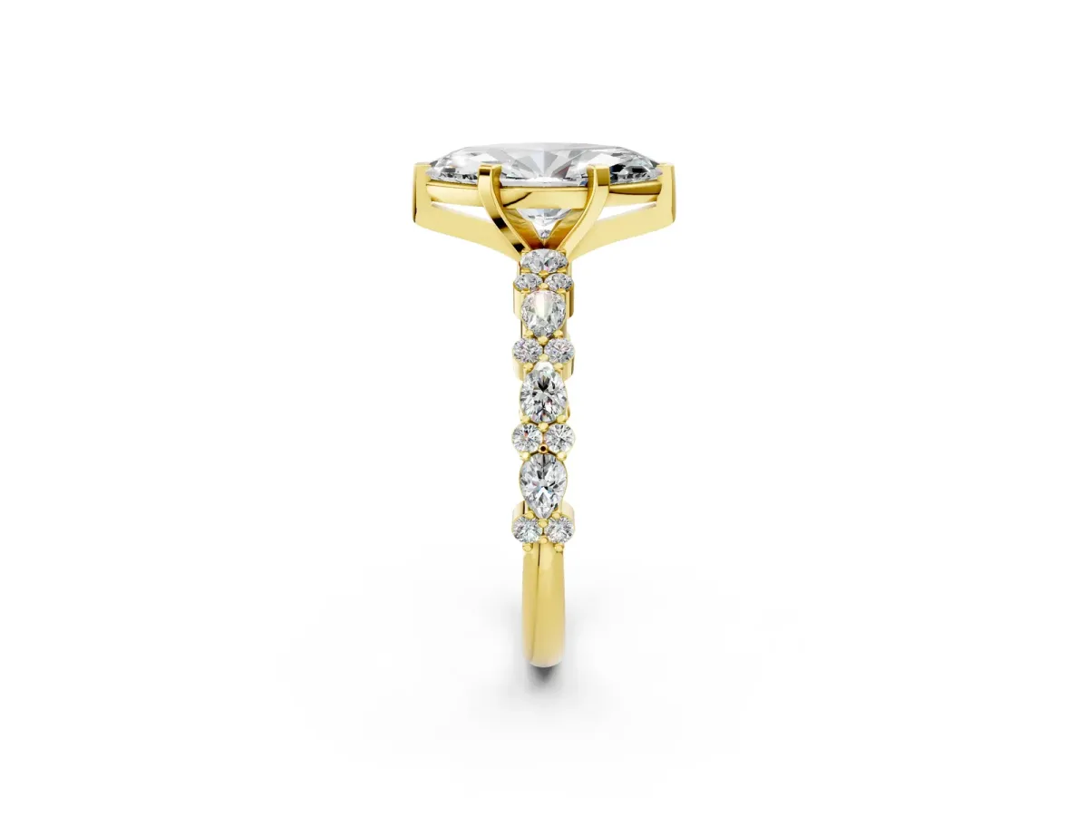 Marquise Cut Diamond Side Stone Solitaire Ring with Round and Four-Prong Setting Yellow gold