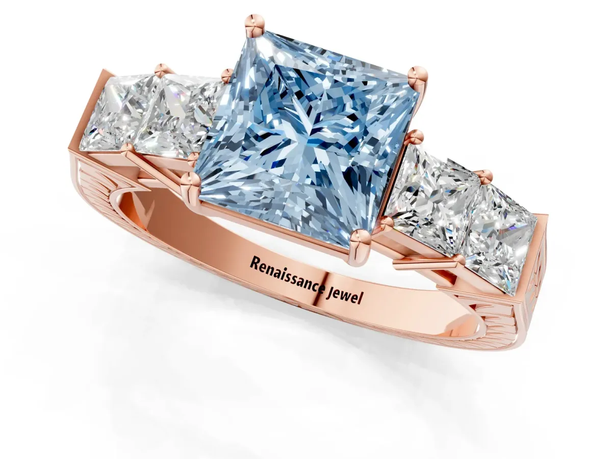 Fancy Blue Princess Cut Solitaire Princess Side Stone Engraved Band Prong Setting Ring Rose gold