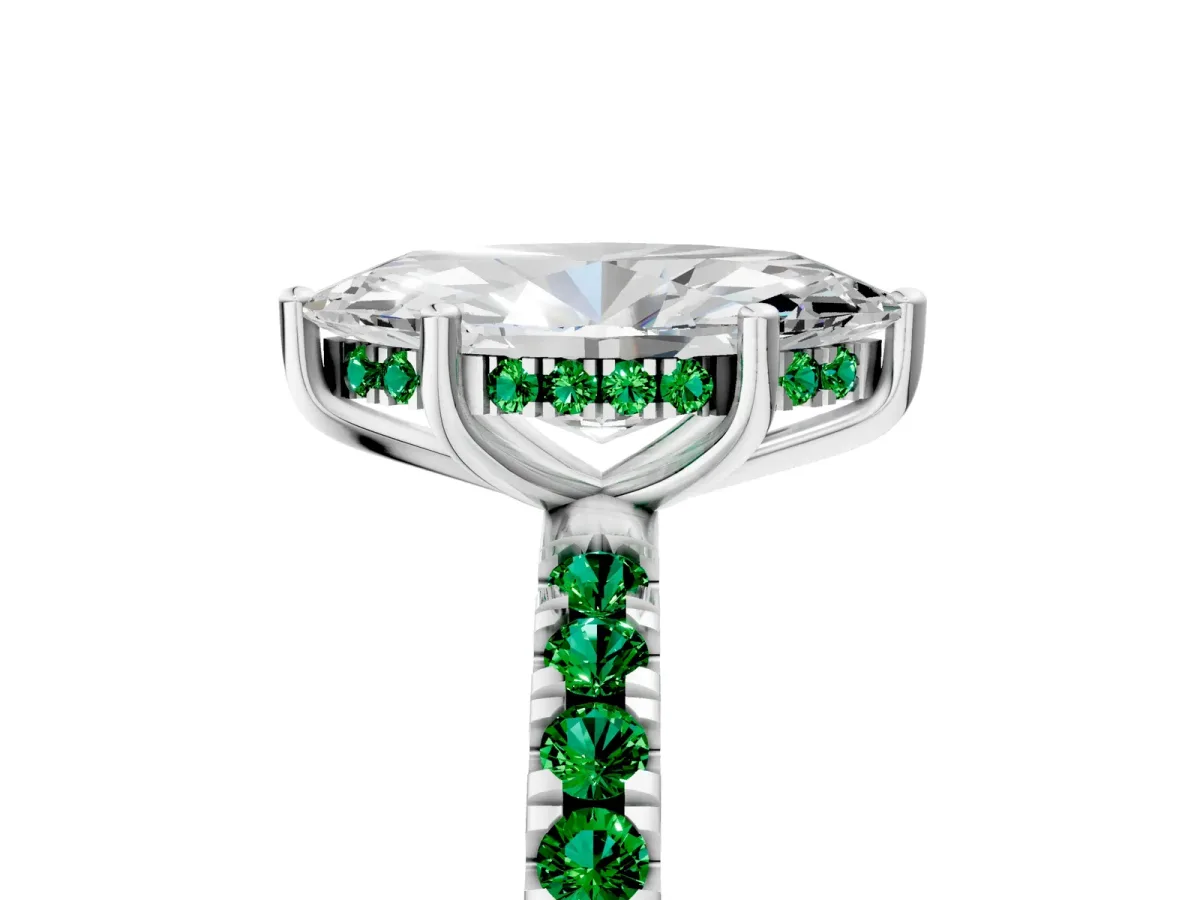 Marquise Cut Diamond Pave Band Solitaire Ring with Round Emerald and Prong Setting Silver