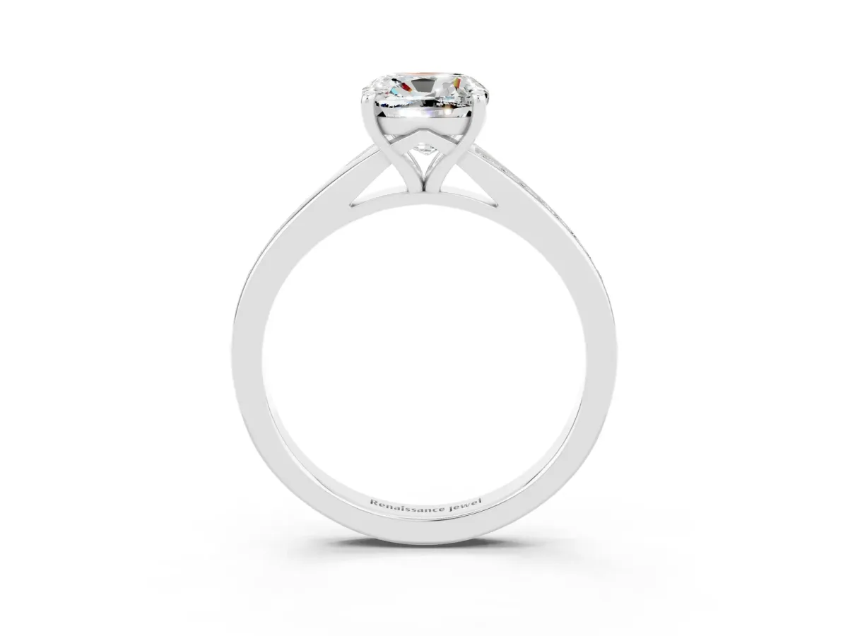 Cushion Cut Moissanite Solitaire Ring with Pavé Band and Prong Setting Silver